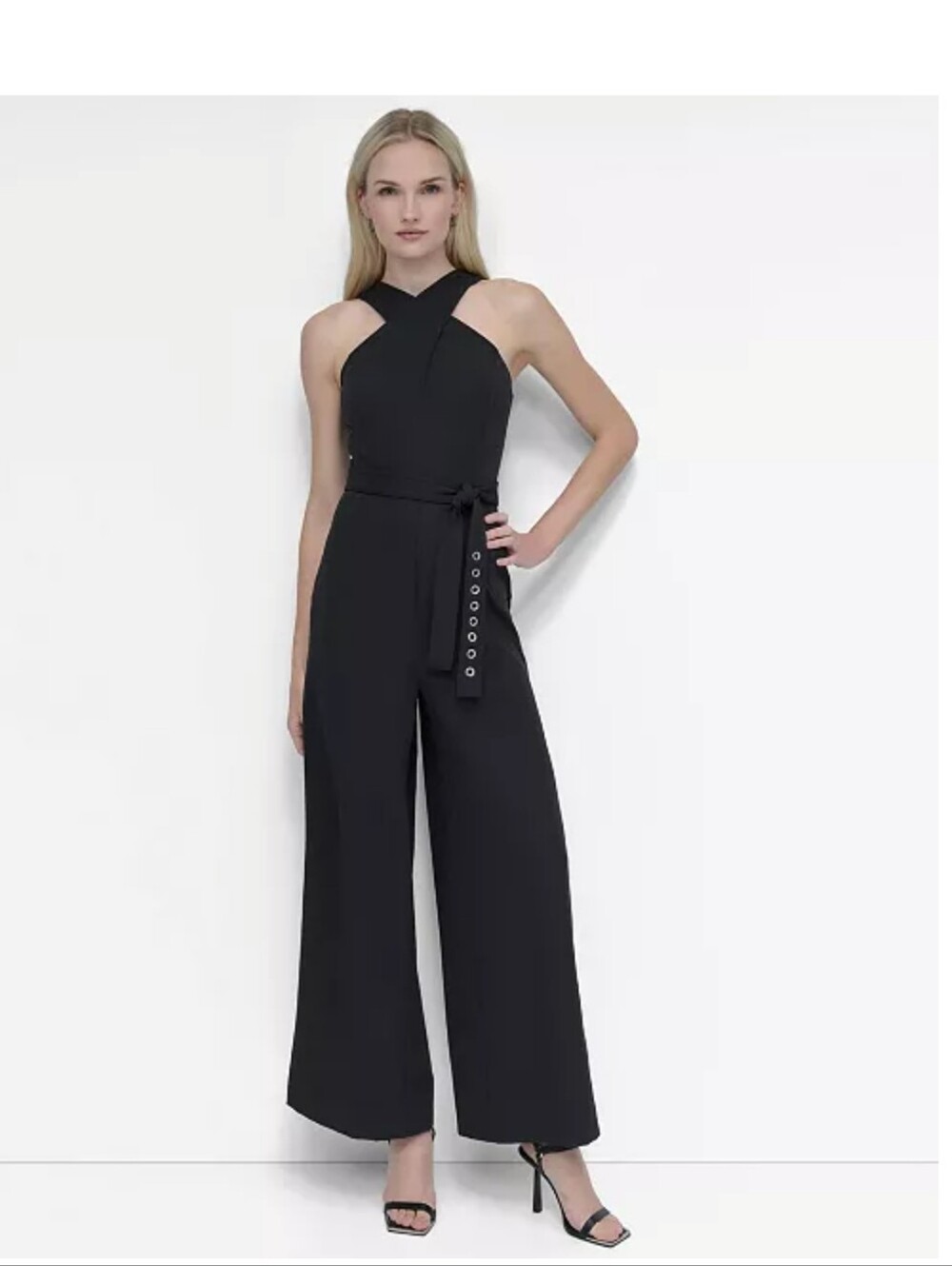 DKNY Black Wide Leg Jumpsuit Womens Size 4 Sleeveless Tie Waist NWT Elegant